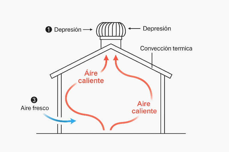 Diagrama técnico de extractor eólico y flujo de aire